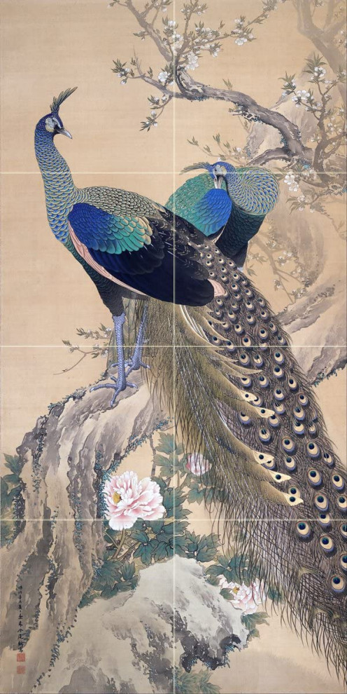 Tile Mural Japanese pattern peacock on sakura Backsplash 4.25" Ceramic Matte