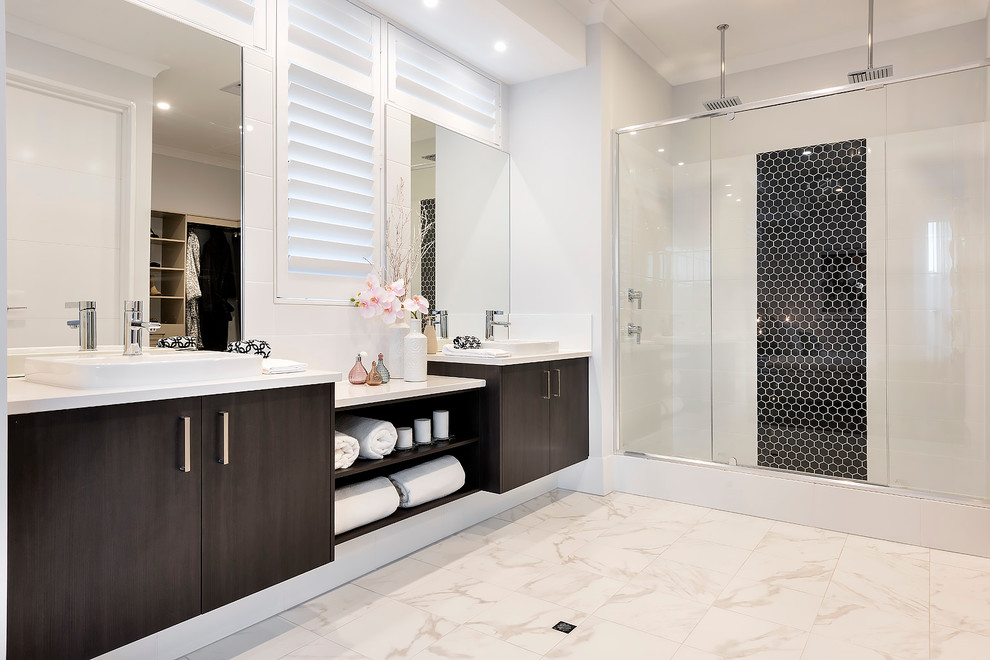 Mid-sized contemporary master bathroom in Perth with flat-panel cabinets, dark wood cabinets, porcelain tile, white walls, ceramic floors, a drop-in sink, engineered quartz benchtops, black and white tile, a double shower and a sliding shower screen.