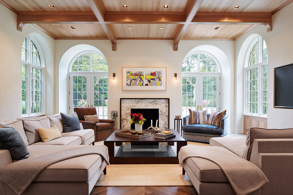 Design ideas for a large transitional family room in Chicago with white walls, a standard fireplace, a stone fireplace surround, a wall-mounted tv and dark hardwood floors.