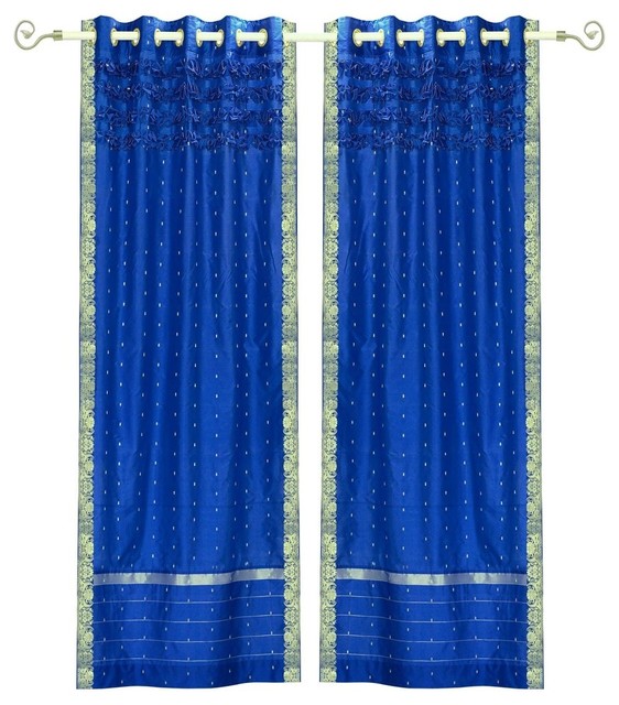 Lined-Blue Hand Crafted Grommet Top  Sheer Sari Curtain Drape Panel-Piece