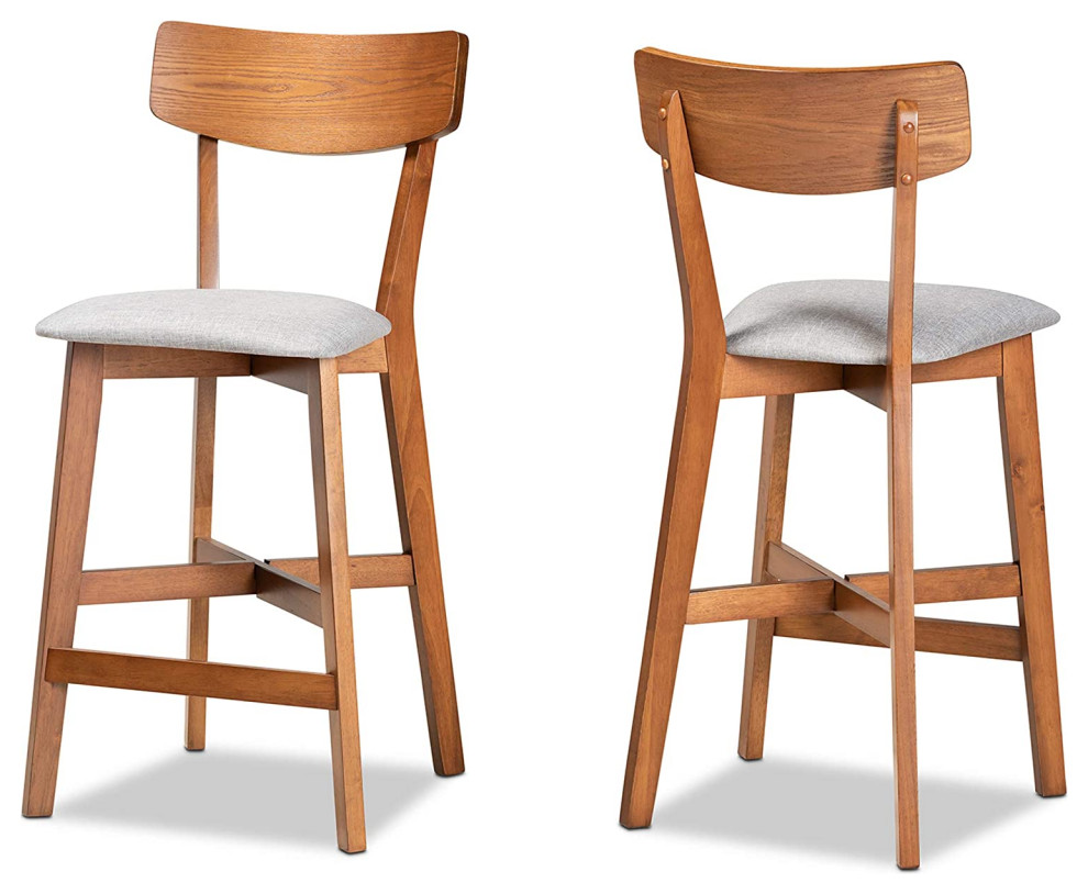 Set of 2 Counter Stool, Walnut Brown Rubberwood Frame and Grey