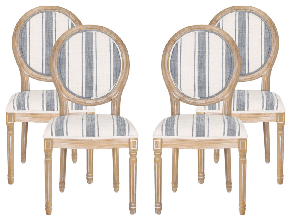 Lariya French Country Fabric Dining Chairs (Set of 2), Dark Blue Line + Natural, Four (4) Dining Chairs