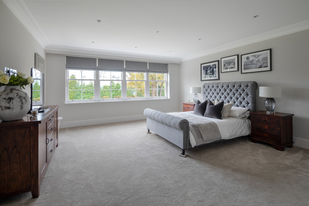 Transitional bedroom in Other with grey walls, carpet and beige floor.