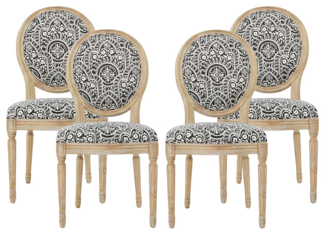 Jerome French Country Dining Chairs, Set of 4, Black/White Pattern/Natural, Fabric, Rubberwood