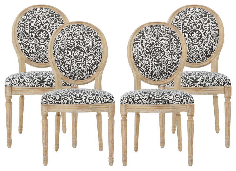 Jerome French Country Dining Chairs, Set of 4, Black/White Pattern/Natural, Fabric, Rubberwood