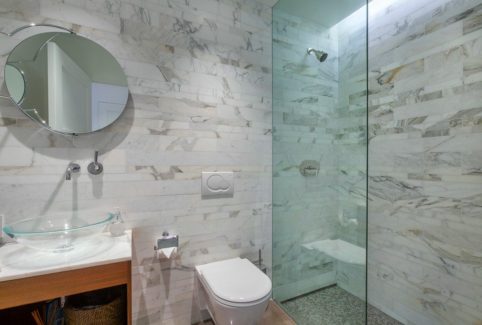 Contemporary bathroom in Santa Barbara with an open shower, a vessel sink and an open shower.