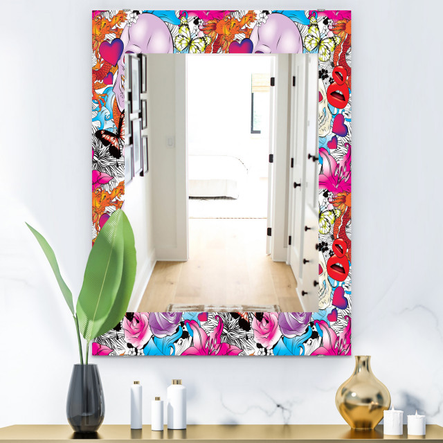 Pattern Hearts, Skulls Flowers Bohemian Eclectic Frameless Wall Mirror