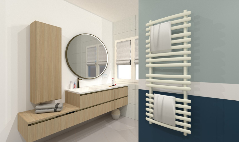 Foto på ett mellanstort funkis vit en-suite badrum, med släta luckor, skåp i ljust trä, ett platsbyggt badkar, en kantlös dusch, keramikplattor, blå väggar, ett undermonterad handfat, bänkskiva i akrylsten och grått golv