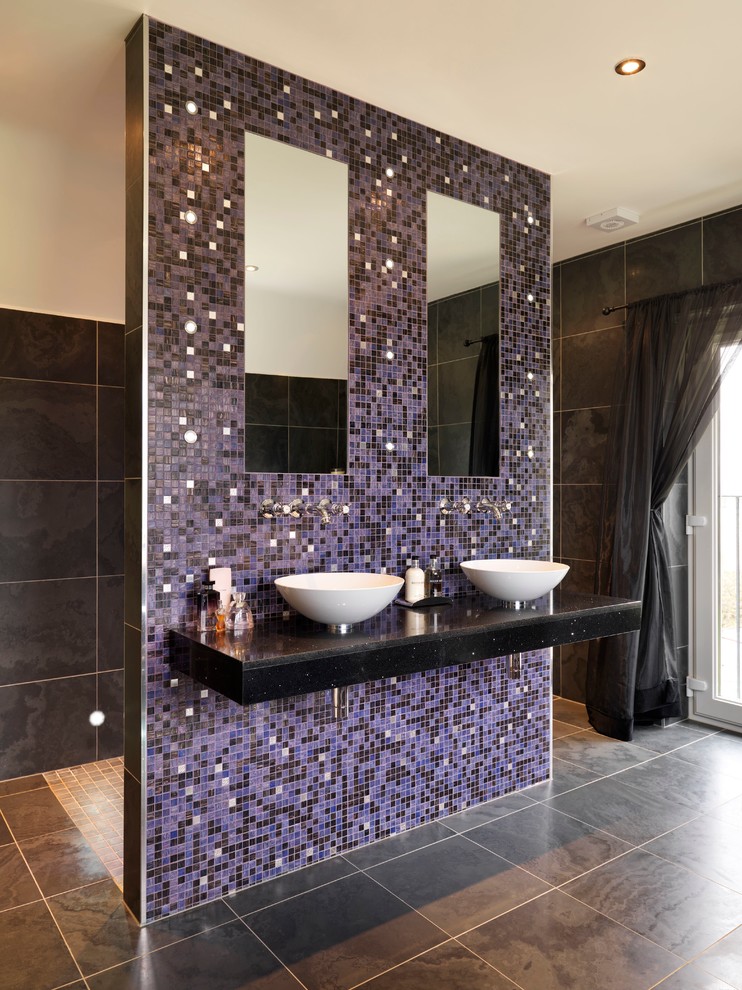 Inspiration for a contemporary master bathroom in Kent with a vessel sink, multi-coloured tile, mosaic tile and slate floors.