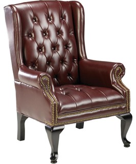 Oxblood Burgundy Vinyl Traditional Wing Back Queen Anne Lounge Club Chair TEX234
