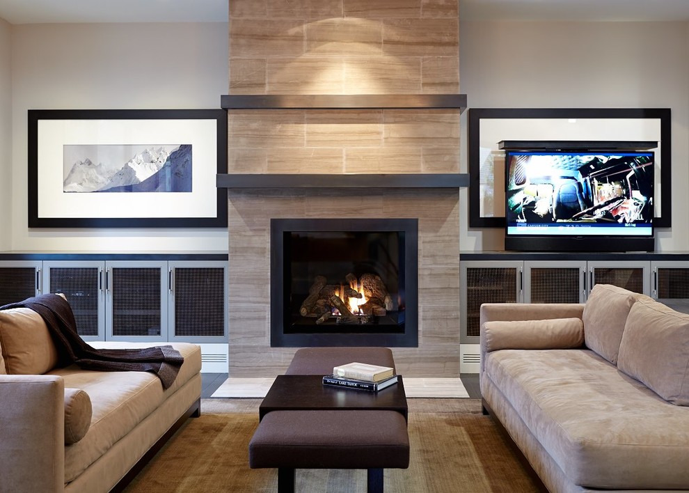 Design ideas for a large contemporary open concept living room in San Francisco with white walls, dark hardwood floors, a standard fireplace and a tile fireplace surround.