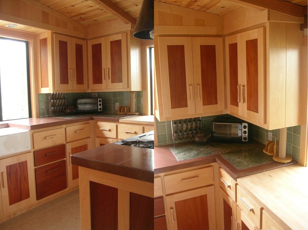 Open concept kitchen - mid-sized rustic u-shaped cement tile floor and beige floor open concept kitchen idea with a farmhouse sink, shaker cabinets, light wood cabinets, concrete countertops, green backsplash, ceramic backsplash and white appliances