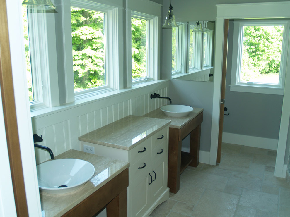 Design ideas for a mid-sized traditional bathroom in Grand Rapids with a vessel sink, flat-panel cabinets, white cabinets, granite benchtops, grey walls and linoleum floors.