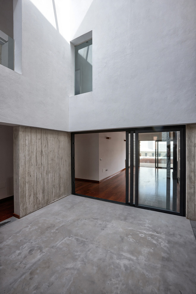 Diseño de patio actual de tamaño medio sin cubierta en patio con suelo de hormigón estampado