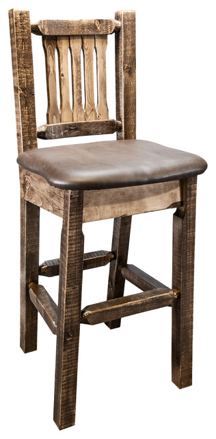 Bar Stool With Back, Clear Lacquer Finish, Upholstered Seat, Saddle Pattern