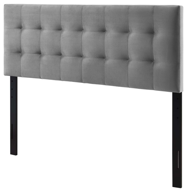Contemporary Modern King Size Tufted Headboard, Velvet Fabric, Grey Gray Transitional