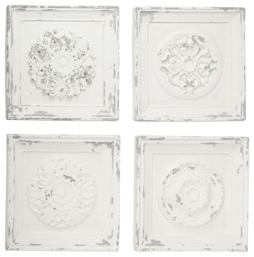 Square Antique White Wood Wall Decor Hangings With Decorative Carvings
