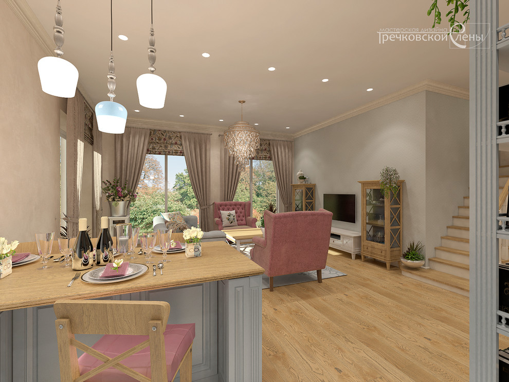 Интерьер кухни-гостиной в загородном доме. Дедёшино