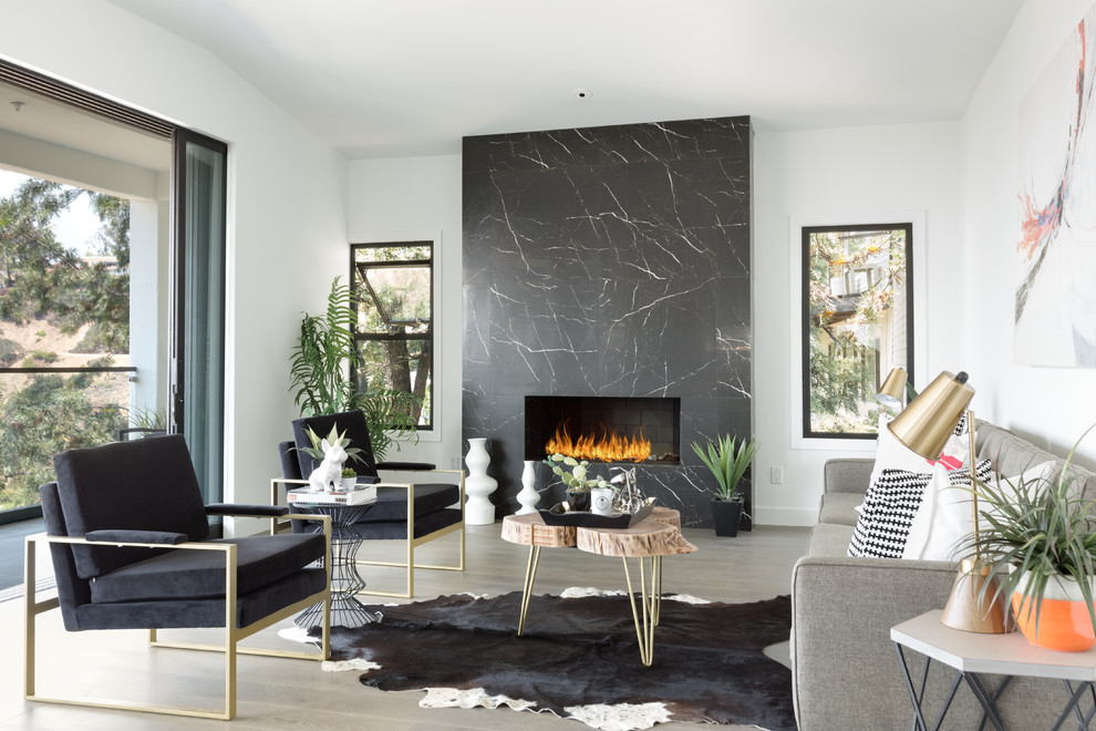 Photo of a contemporary formal living room in Los Angeles with white walls, a stone fireplace surround, no tv and a ribbon fireplace.