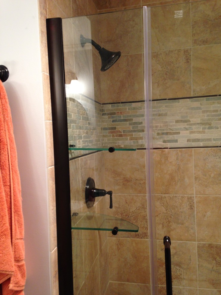 Alcove bathtub - large transitional master multicolored tile and porcelain tile porcelain tile alcove bathtub idea in Baltimore with an integrated sink, raised-panel cabinets, white cabinets, solid surface countertops, a two-piece toilet and blue walls