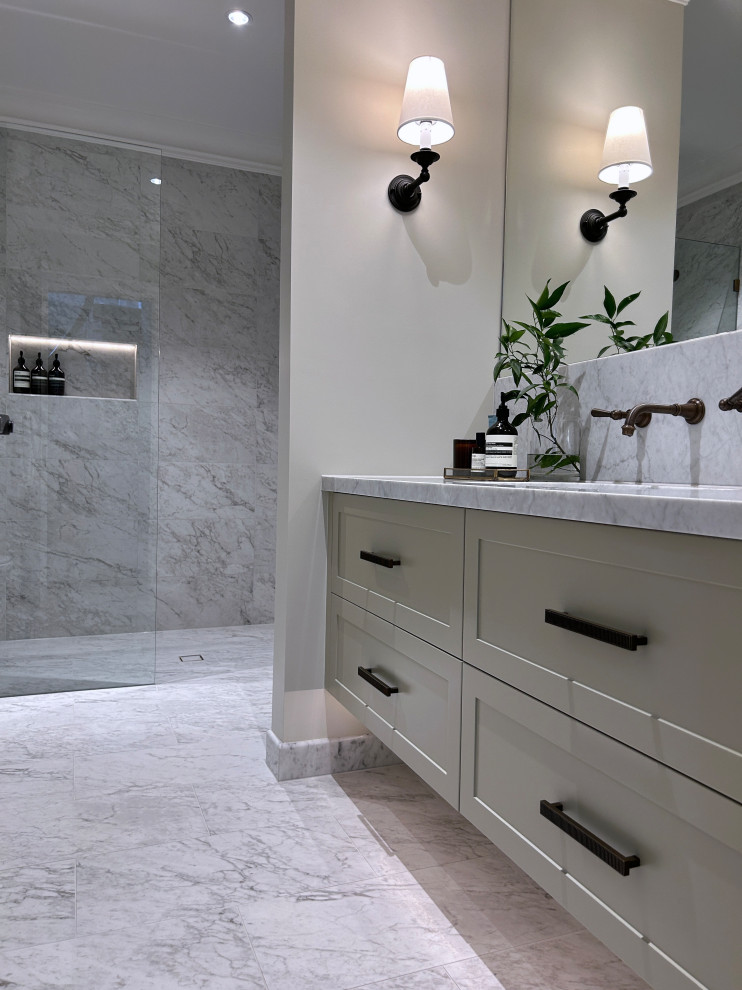 Large modern master bathroom in Sydney with shaker cabinets, green cabinets, an open shower, gray tile, marble, green walls, marble floors, an undermount sink, engineered quartz benchtops, grey floor, an open shower, grey benchtops, a double vanity, a floating vanity and coffered.