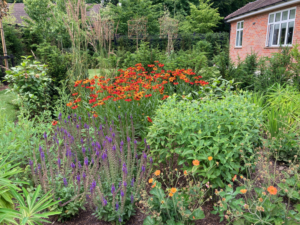Imagen de jardín contemporáneo grande en verano en patio trasero con jardín francés, parterre de flores y exposición total al sol
