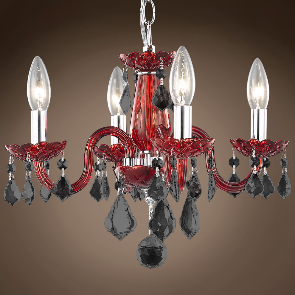 Victorian Design 4 Lt 15" Red Chandelier With Smoke Crystals & Led Bulb