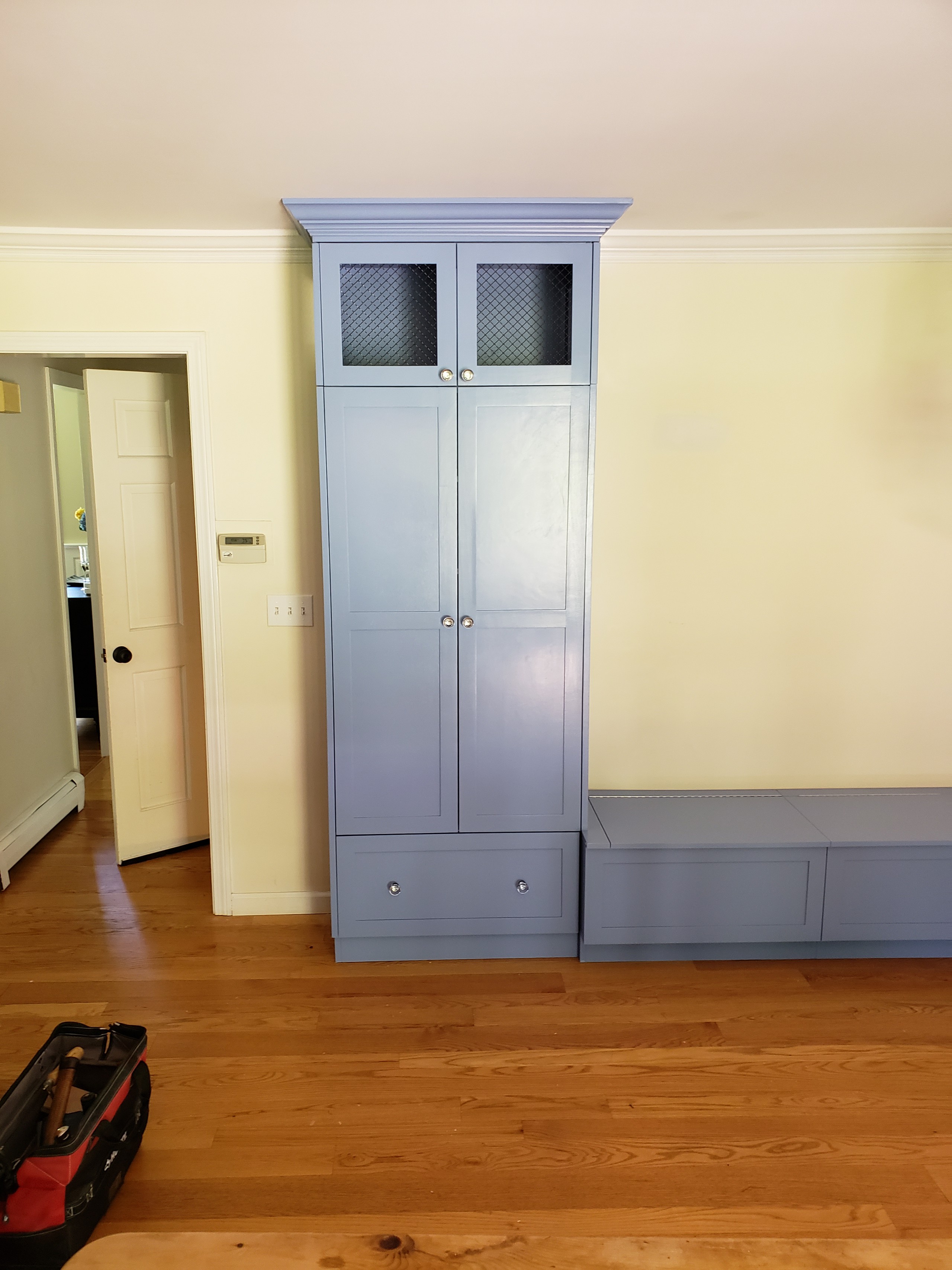 Steel Blue Banquette and storage unit