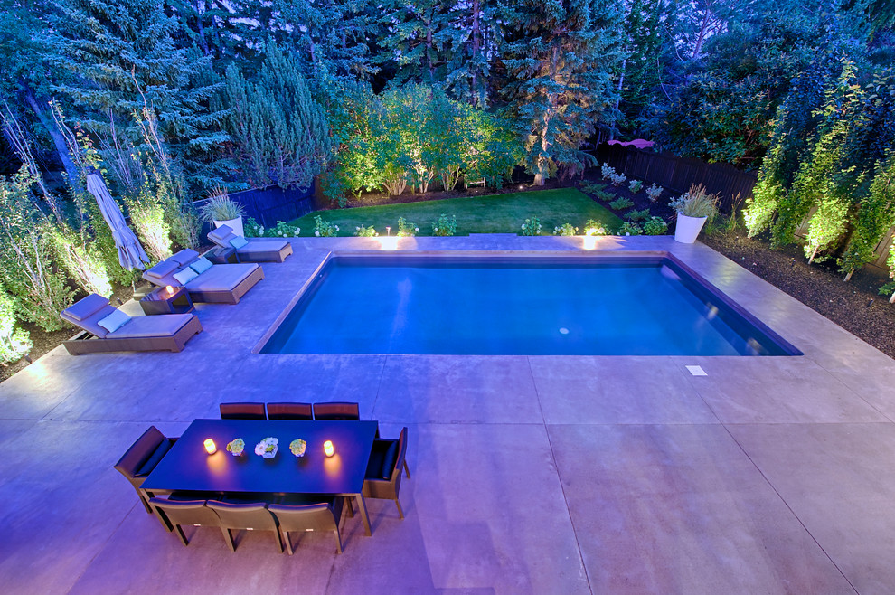 Design ideas for a mid-sized modern backyard pool in Calgary.