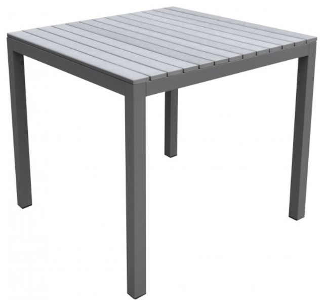 Bistro Outdoor Patio Dining Table, Gray Powder Coated Finish, Gray Wood