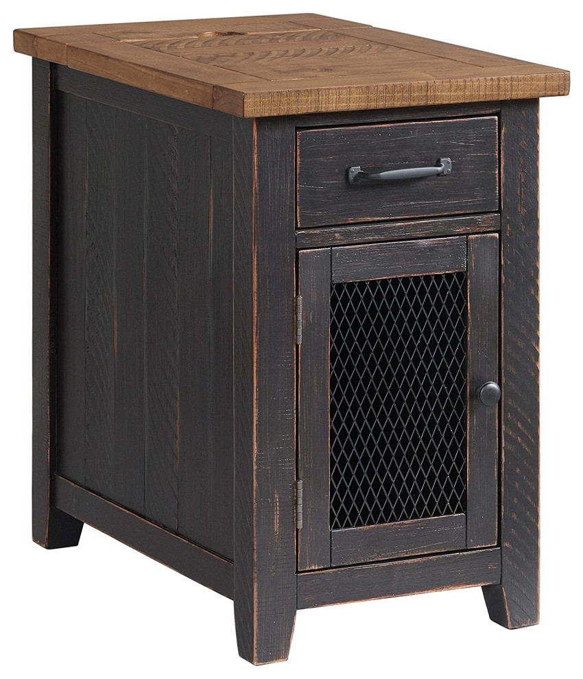 Rustic End Table, Door With Mesh Front and Charging Station