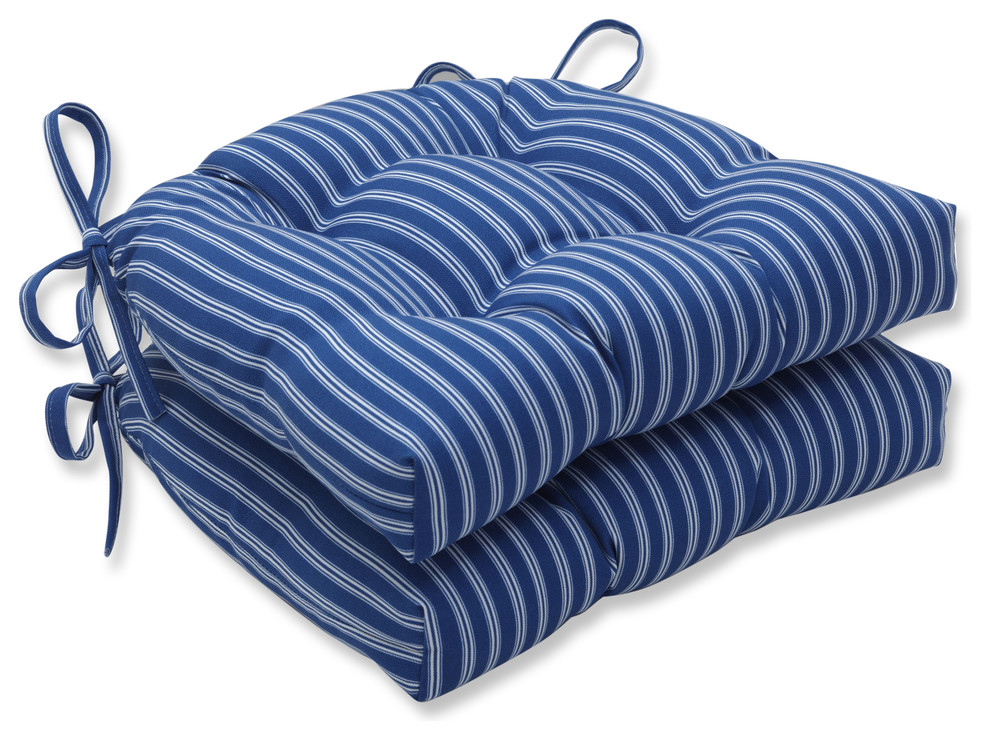Outdoor/Indoor Resort Stripe Blue Reversible Chair Pad, Set of 2