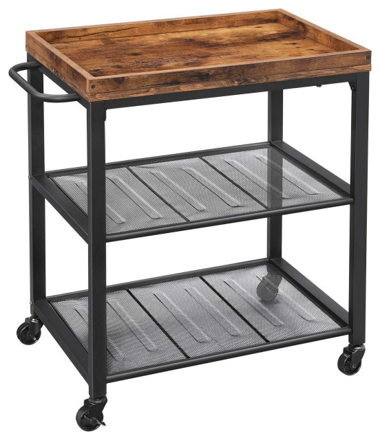 Wood and Metal Frame Kitchen Cart with 2 Mesh Shelves, Brown and Black