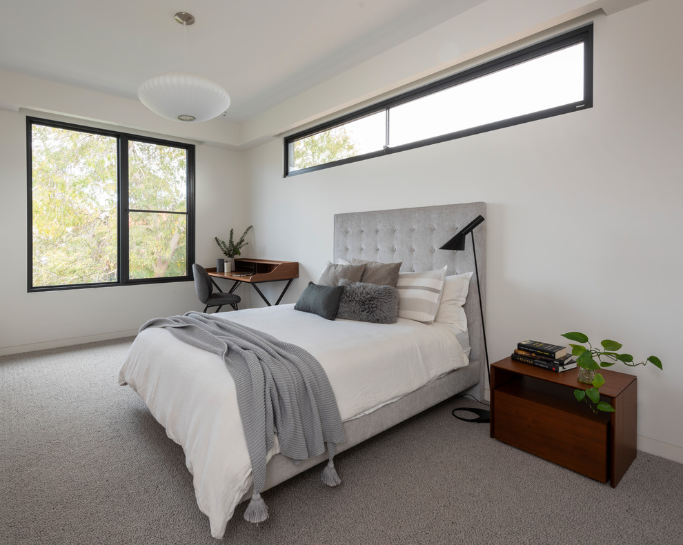 This is an example of a contemporary guest bedroom in Melbourne with white walls, carpet and multi-coloured floor.
