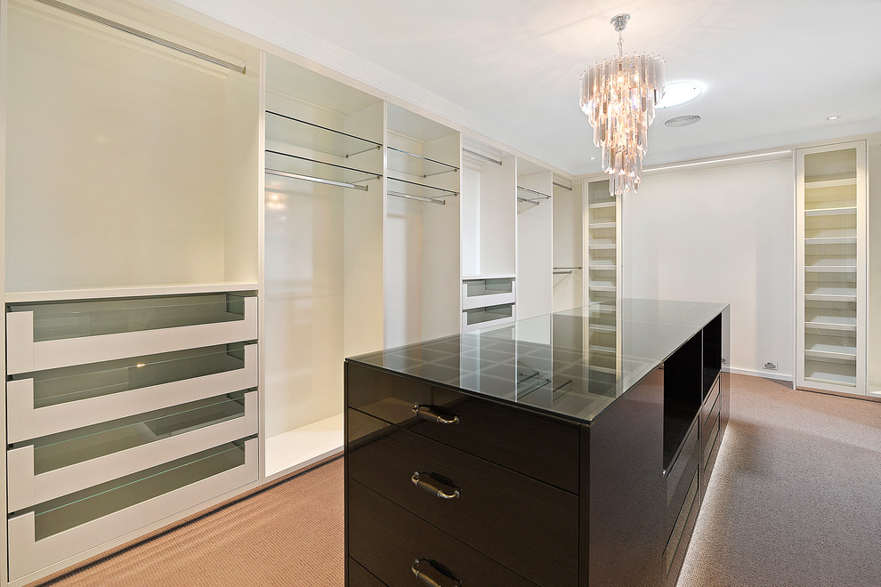 Photo of a contemporary storage and wardrobe in Gold Coast - Tweed with glass-front cabinets, white cabinets and carpet.