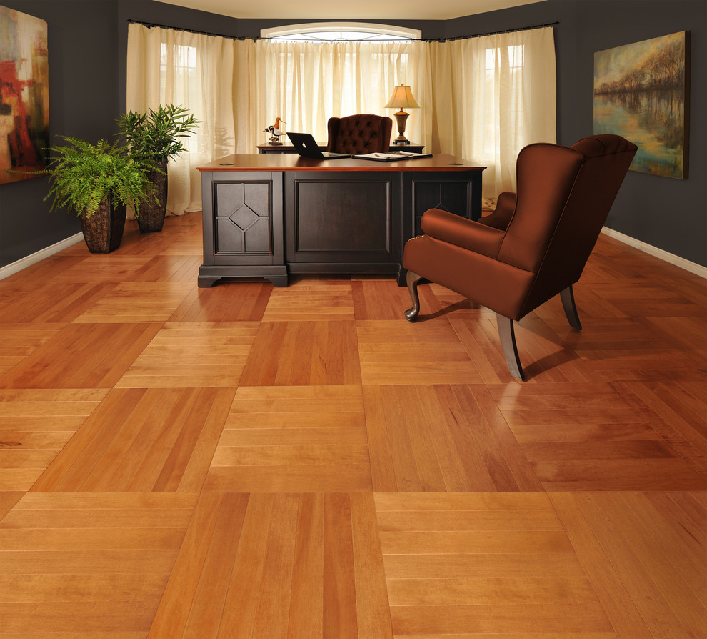 Inspiration for a mid-sized transitional freestanding desk light wood floor home office remodel with blue walls