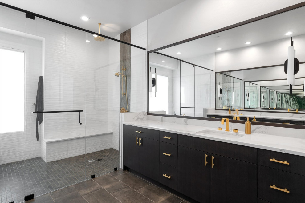 Example of a mid-sized minimalist master white tile and porcelain tile porcelain tile, brown floor and double-sink bathroom design in Phoenix with flat-panel cabinets, dark wood cabinets, multicolored walls, an undermount sink, quartz countertops, white countertops and a built-in vanity