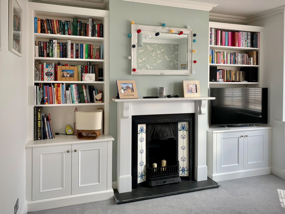 Design ideas for a small classic grey and white living room in Other with carpet, a built-in media unit and a chimney breast.