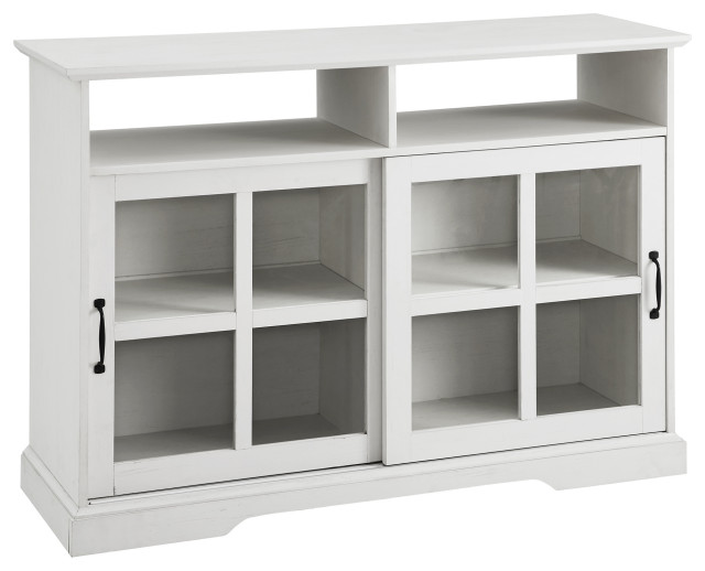 48" Sliding Glass Door Sideboard, Brushed White Transitional