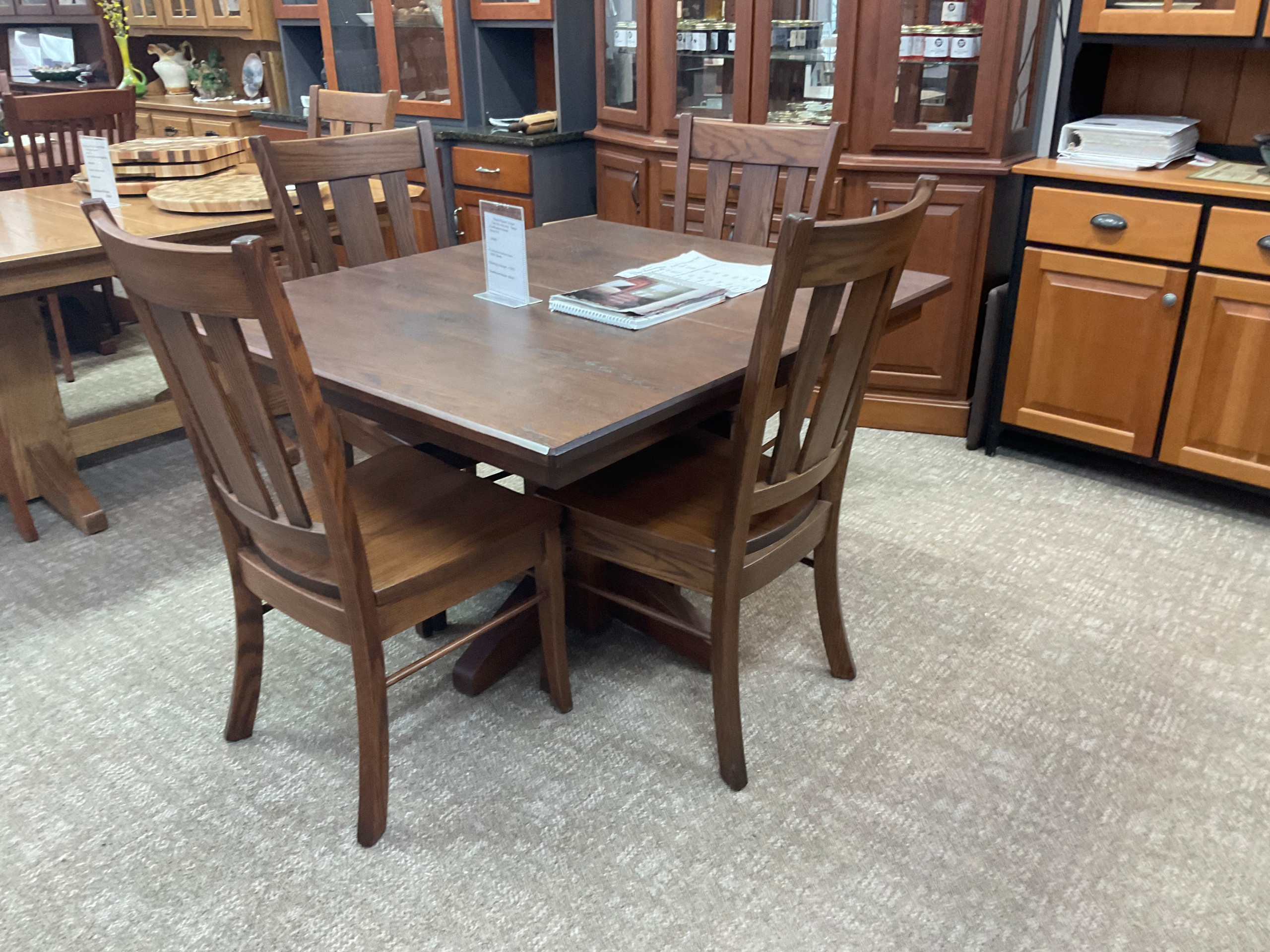 42 x 48 oak hand-planed single pedestal 2-leaf table. Oxford chairs