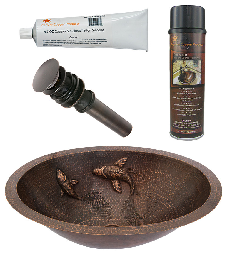 19" Oval Under Counter Hammered Copper Bathroom Sink, Koi Fish Design