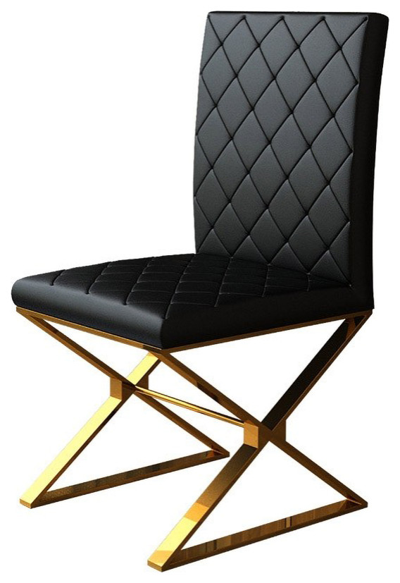 Upholstered Black PU Leather Dining Chair Set of 2 Stainless Steel Leg