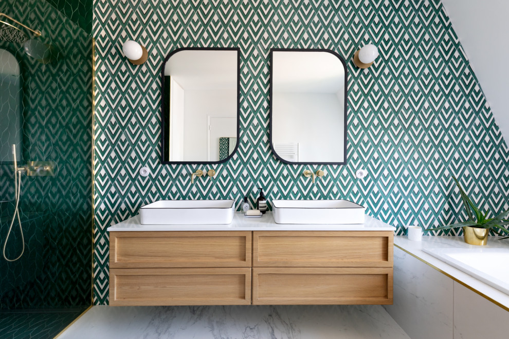 Large contemporary master bathroom in Paris with an undermount tub, a curbless shower, green tile, cement tile, white walls, ceramic floors, quartzite benchtops, beige floor, white benchtops, a double vanity and a built-in vanity.