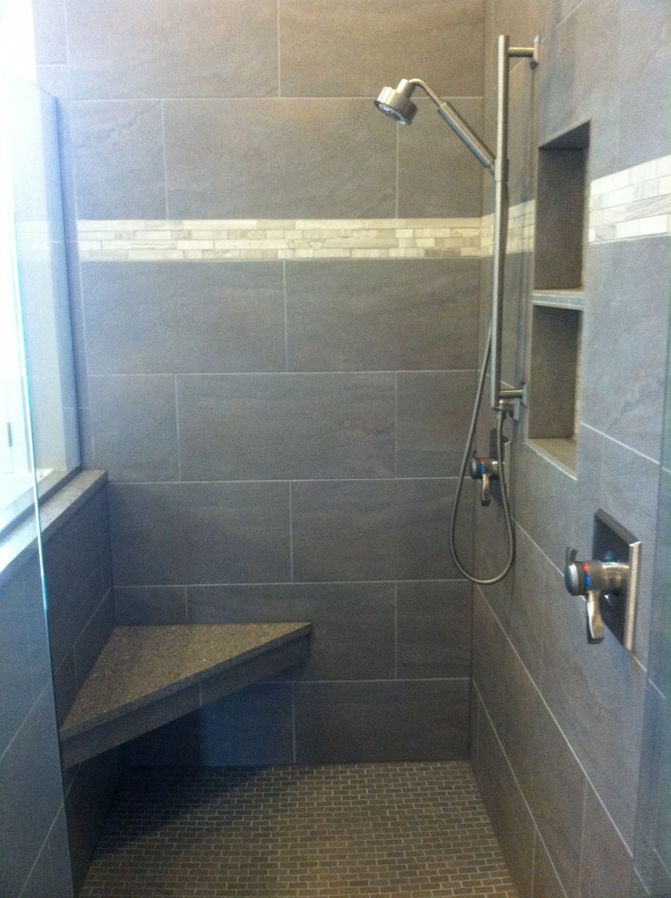 Example of a classic gray tile bathroom design in Atlanta with an undermount sink and a two-piece toilet