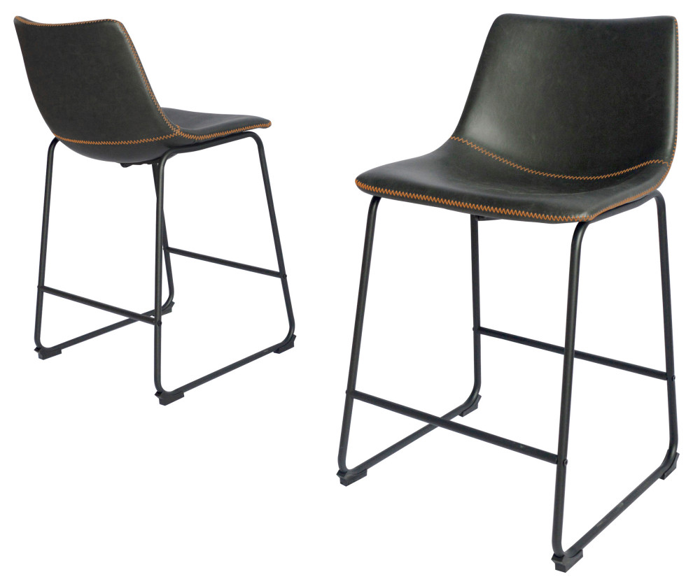 Modern Faux Leather Chair, Set of 2, Charcoal, 24" Counter Height