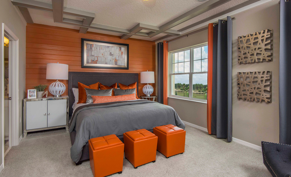 Transitional master bedroom in Orlando with grey walls, carpet, no fireplace and grey floor.