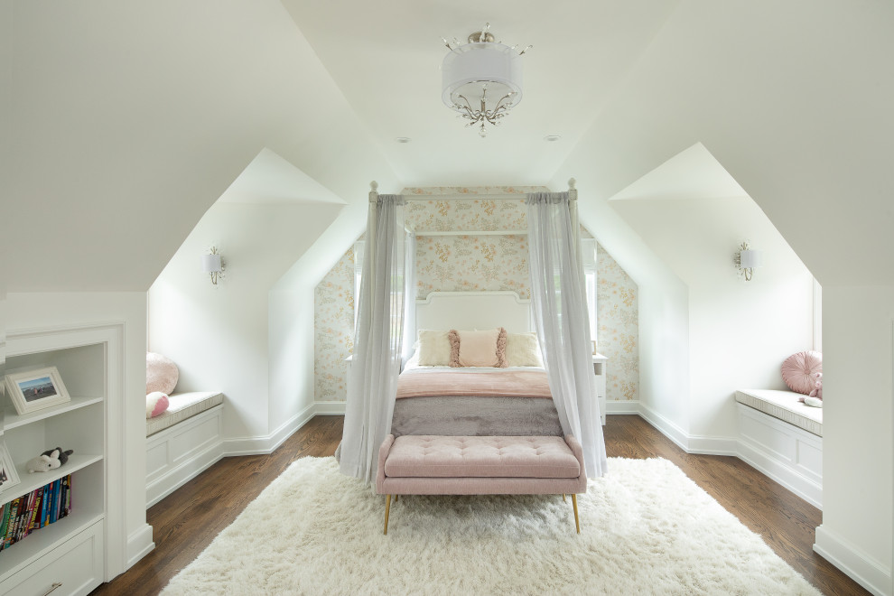 Inspiration for a large transitional kids' room for girls in New York with white walls, medium hardwood floors, brown floor, vaulted and wallpaper.