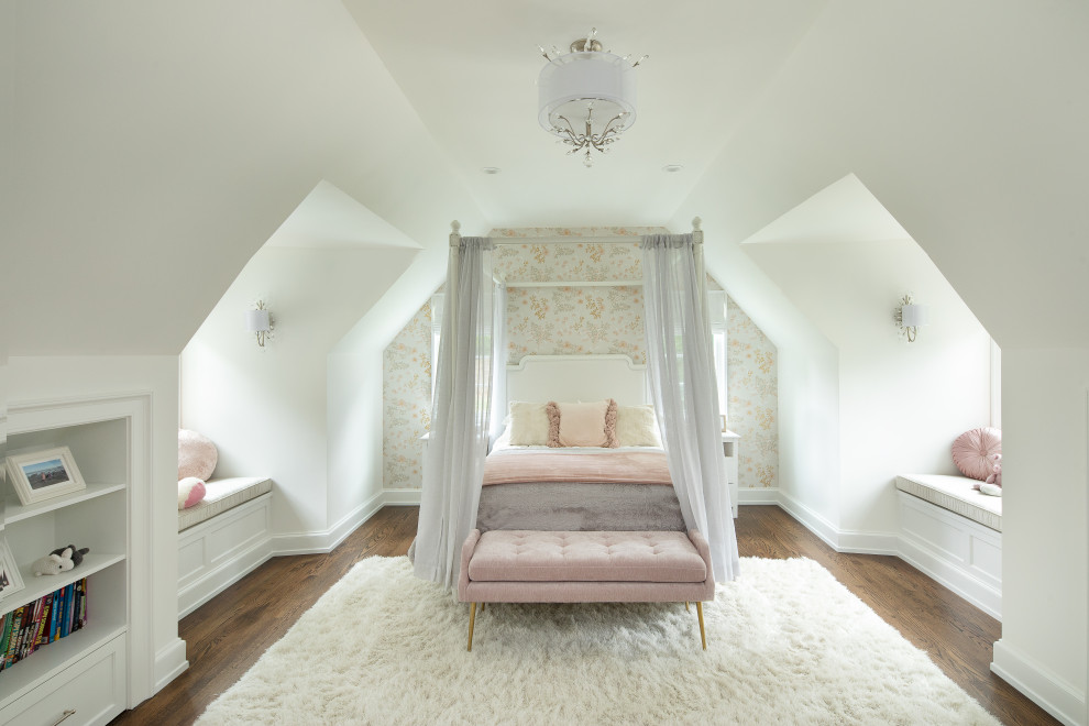 Teen Bedroom - Large and bedroom transitional guest and girl medium tone wood floor, brown floor, vaulted ceiling and wallpaper kids' bedroom photo in New York with white walls
