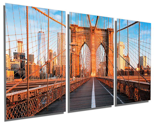 Brooklyn Bridge, Manhattan View, 3Panel Metal Print Wall Art