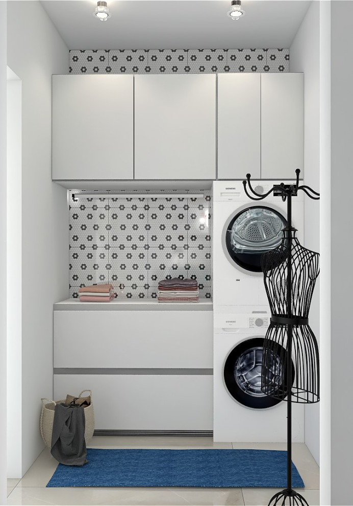 Design ideas for a small contemporary single-wall dedicated laundry room in Other with flat-panel cabinets, white cabinets, laminate benchtops, white splashback, ceramic splashback, porcelain floors, a stacked washer and dryer, white floor and white benchtop.